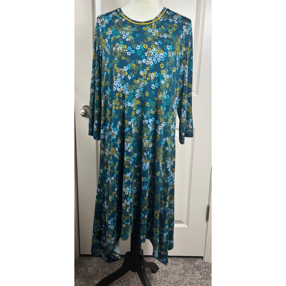 LOGO Lori Goldstein Women XL Floral Print Knit Maxi Dress Long Sleeve Teal Boho